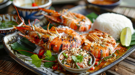 A platter of spicy grilled river prawns served with fragrant jasmine rice, a classic Thai seafood dish bursting with bold flavorsの素材