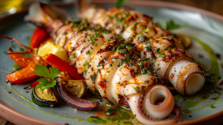A mouthwatering plate of grilled squid tubes stuffed with fragrant herb and garlic butter, served with a side of roasted vegetablesの素材