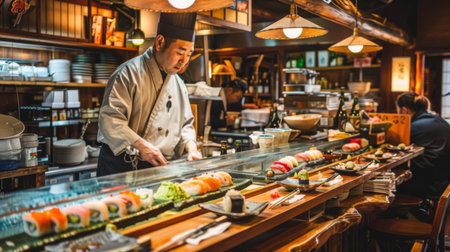 A traditional Japanese sushi bar with a chef behind the counter preparing fresh sushi and sashimi for eager diners, showcasing the authentic dining experienceの素材