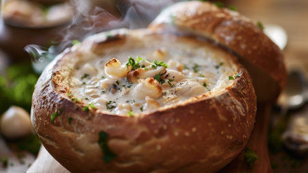 A steaming bowl of creamy clam chowder served in a bread bowl, a comforting and hearty soup that's a favorite in coastal regions across the United Statesの素材