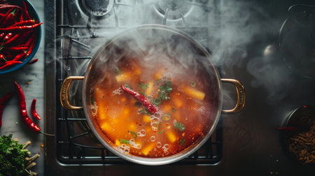 A top-down view of a pot of tom yum soup bubbling over a stove, with tendrils of fragrant steam rising and chili peppers floating on the surfaceの素材