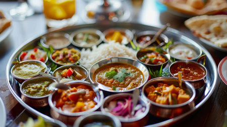 A vibrant thali platter filled with fragrant Indian curries, chutneys, rice, and bread, showcasing the diverse and flavorful cuisine of Indiaの素材