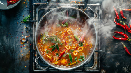 A top-down view of a pot of tom yum soup bubbling over a stove, with tendrils of fragrant steam rising and chili peppers floating on the surfaceの素材