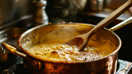 A beautiful copper saucepan filled with a rich, creamy sauce, with a wooden spoon stirring gently, creating an inviting and appetizing visualの素材