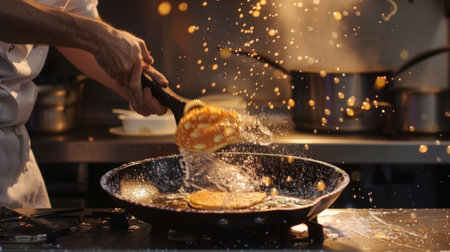A chef demonstrating the art of flipping a pancake in a non-stick frying pan, capturing the moment of skill and precision in mid-airの素材