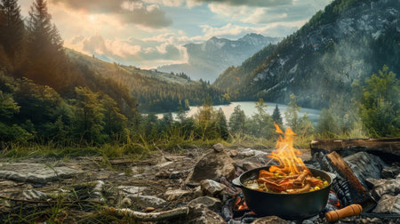 A camping scene with a pot of stew simmering over an open fire, with a backdrop of nature, representing outdoor cooking and adventureの素材