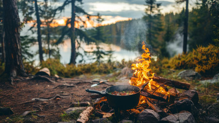 A camping scene with a pot of stew simmering over an open fire, with a backdrop of nature, representing outdoor cooking and adventureの素材