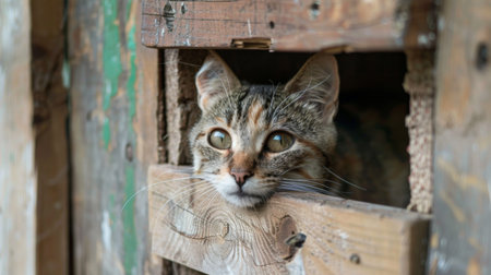 A cat house built from reclaimed materials, featuring a cozy, eco-friendly space for a cat, promoting sustainability in pet housingの素材
