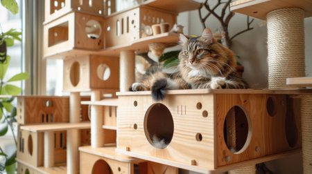 A cat lounging on the rooftop of a multi-level cat house, with different compartments for hiding, playing, and sleepingの素材