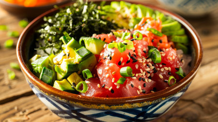 A colorful bowl of vibrant Hawaiian poke topped with fresh tuna, avocado, seaweed, and sesame seeds, showcasing the worldwide appeal of fresh and healthy seafood bowlsの素材