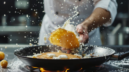 A chef demonstrating the art of flipping a pancake in a non-stick frying pan, capturing the moment of skill and precision in mid-airの素材