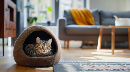 A cat peeking out from a cozy, felted cat cave placed in a stylish living room, emphasizing the blend of comfort and aestheticsの素材