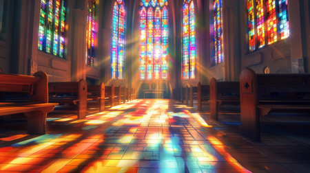 A church interior with sunlight streaming through stained glass windows, casting colorful patterns on the floor and creating a peaceful, sacred atmosphereの素材