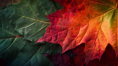 A close-up of a maple leaf turning from green to vivid red and orange, symbolizing the transition from summer to autumnの素材