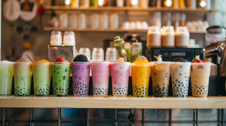 A colorful assortment of bubble milk tea flavors displayed on counter, enticing customers with options like classic, taro, matcha, and fruity variationsの素材