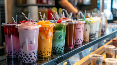 A colorful assortment of bubble milk tea flavors displayed on counter, enticing customers with options like classic, taro, matcha, and fruity variationsの素材