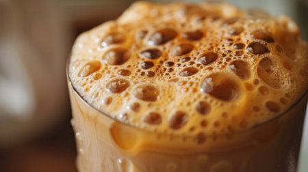 A close-up of creamy milk tea with tapioca pearls, topped with a frothy layer of foam, enticing viewers with its rich flavor and indulgent textureの素材