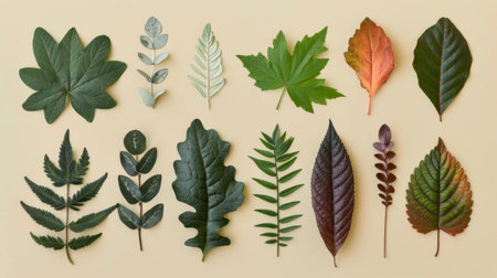 A collection of different types of leaves arranged in a flat lay style, highlighting the diversity in shapes, sizes, and colors found in natureの素材