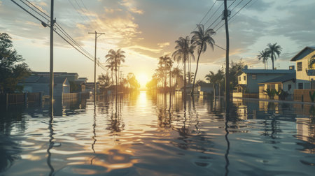 A flooded street in a residential area after an intense storm, highlighting the increased frequency of extreme weather events due to global warmingの素材