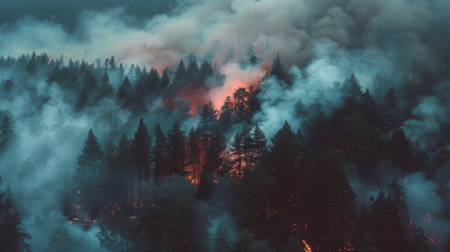 A forest on fire with thick smoke filling the air, representing the increasing frequency and intensity of wildfires due to global warmingの素材
