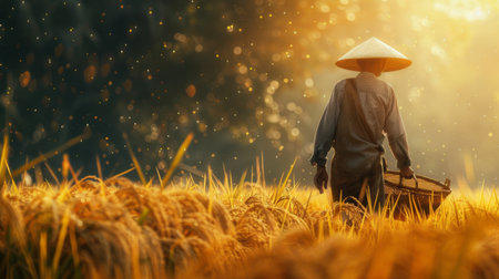 A farmer walking through a ripe rice field, carrying a basket filled with freshly harvested grains, symbolizing the bounty of the harvestの素材
