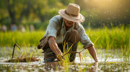 A farmer using a traditional hand sickle to harvest rice in a flooded paddy field, showcasing age-old farming techniquesの素材