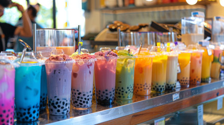 A colorful assortment of bubble milk tea flavors displayed on counter, enticing customers with options like classic, taro, matcha, and fruity variationsの素材