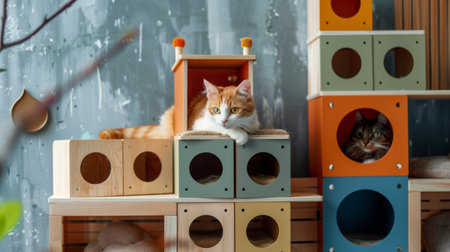 A cat lounging on the rooftop of a multi-level cat house, with different compartments for hiding, playing, and sleepingの素材