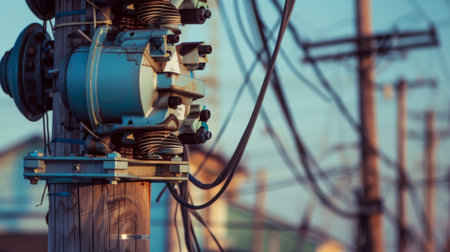 A close-up of a utility pole with transformers and insulators, highlighting the complexity and importance of electrical distribution systemsの素材