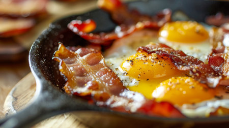 A close-up of a cast iron skillet filled with sizzling bacon and eggs, with the golden yolks and crispy edges creating a mouth-watering breakfast sceneの素材