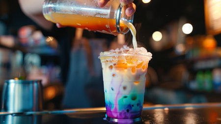 A barista pouring warm milk over a cup of freshly brewed tea, creating a mesmerizing swirl of colors in a delicious bubble milk teaの素材
