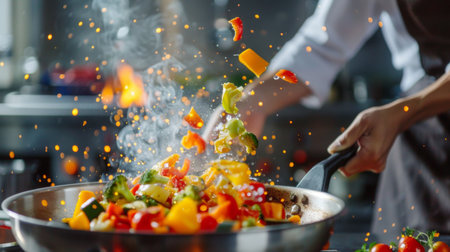 A chef skillfully tossing vegetables in a stainless steel frying pan over a high flame, with vibrant colors and sizzling sounds adding to the excitement of cookingの素材