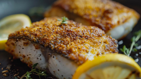 A close-up of a pan-fried fish fillet with a crispy, golden crust, garnished with lemon and herbs, showcasing a perfectly executed dishの素材