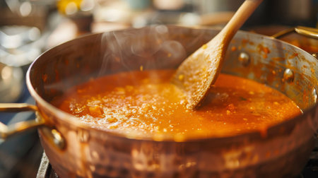 A beautiful copper saucepan filled with a rich, creamy sauce, with a wooden spoon stirring gently, creating an inviting and appetizing visualの素材