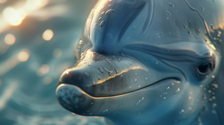 A close-up of a dolphin's face showing its intelligent eyes and friendly smile, capturing the charm and charisma of these beloved marine mammalsの素材