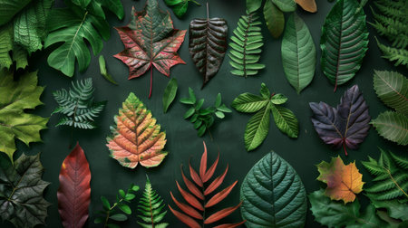 A collection of different types of leaves arranged in a flat lay style, highlighting the diversity in shapes, sizes, and colors found in natureの素材