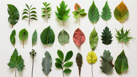 A collection of different types of leaves arranged in a flat lay style, highlighting the diversity in shapes, sizes, and colors found in natureの素材