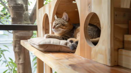 A cat house built from reclaimed materials, featuring a cozy, eco-friendly space for a cat, promoting sustainability in pet housingの素材