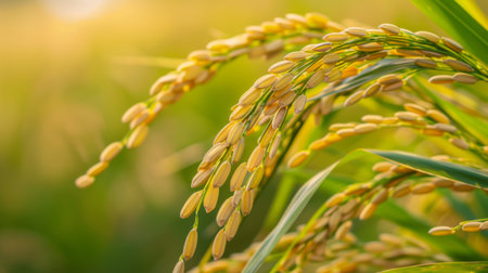 A close-up of a mature rice ear heavy with grains, ready for harvest, against a backdrop of vibrant green rice stalksの素材