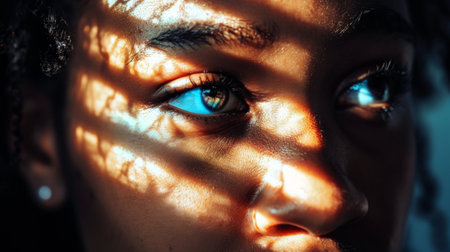 A close-up of a person's face with a dramatic beam of light highlighting their eyes, creating an intense and captivating portraitの素材