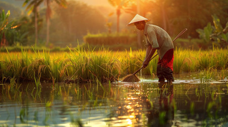 A farmer using a traditional hand sickle to harvest rice in a flooded paddy field, showcasing age-old farming techniquesの素材