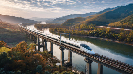 A high-speed train crossing a long, scenic bridge over a wide river, illustrating the integration of advanced rail systems with natural landscapesの素材
