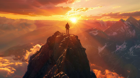 A hiker standing on a mountain peak, bathed in the warm rays of a setting sun, symbolizing achievement and the beauty of natureの素材