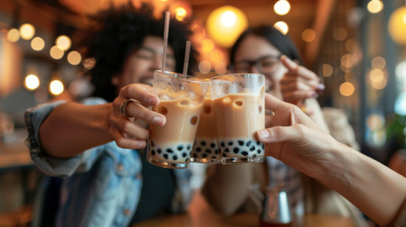A group of friends laughing and enjoying bubble milk tea together at a trendy the glasses clinking in a toast to friendship and shared momentsの素材