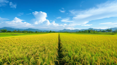 A golden rice field stretching to the horizon under a clear blue sky, with lush green rice plants swaying in the breezeの素材
