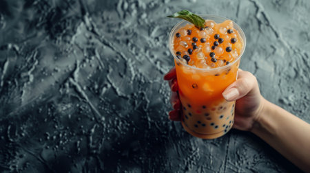A hand holding a cup of freshly brewed jasmine tea with a side of chewy tapioca pearls, showcasing the customizable options for bubble milk tea enthusiastsの素材