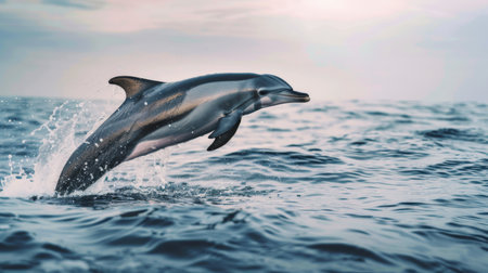 A playful dolphin jumping out of the water with a joyful expression, creating a splash as it returns to the ocean surfaceの素材