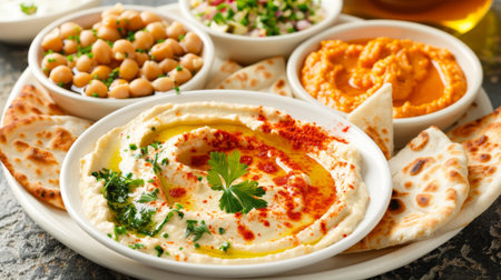 A platter of Middle Eastern mezze including creamy hummus, smoky baba ganoush, and fluffy pita bread, reflecting the global popularity of Middle Eastern flavors and appetizersの素材
