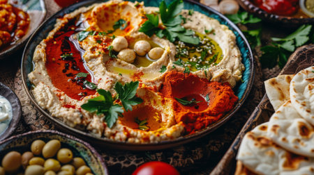 A platter of Middle Eastern mezze including creamy hummus, smoky baba ganoush, and fluffy pita bread, reflecting the global popularity of Middle Eastern flavors and appetizersの素材