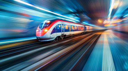 A high-speed train moving at full speed with motion blur, conveying the sense of rapid movement and efficiencyの素材